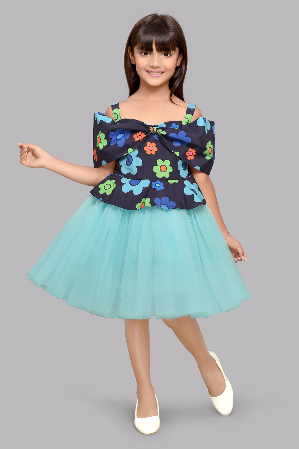 Floral Peplum Bow Dress -Blue - Main Image