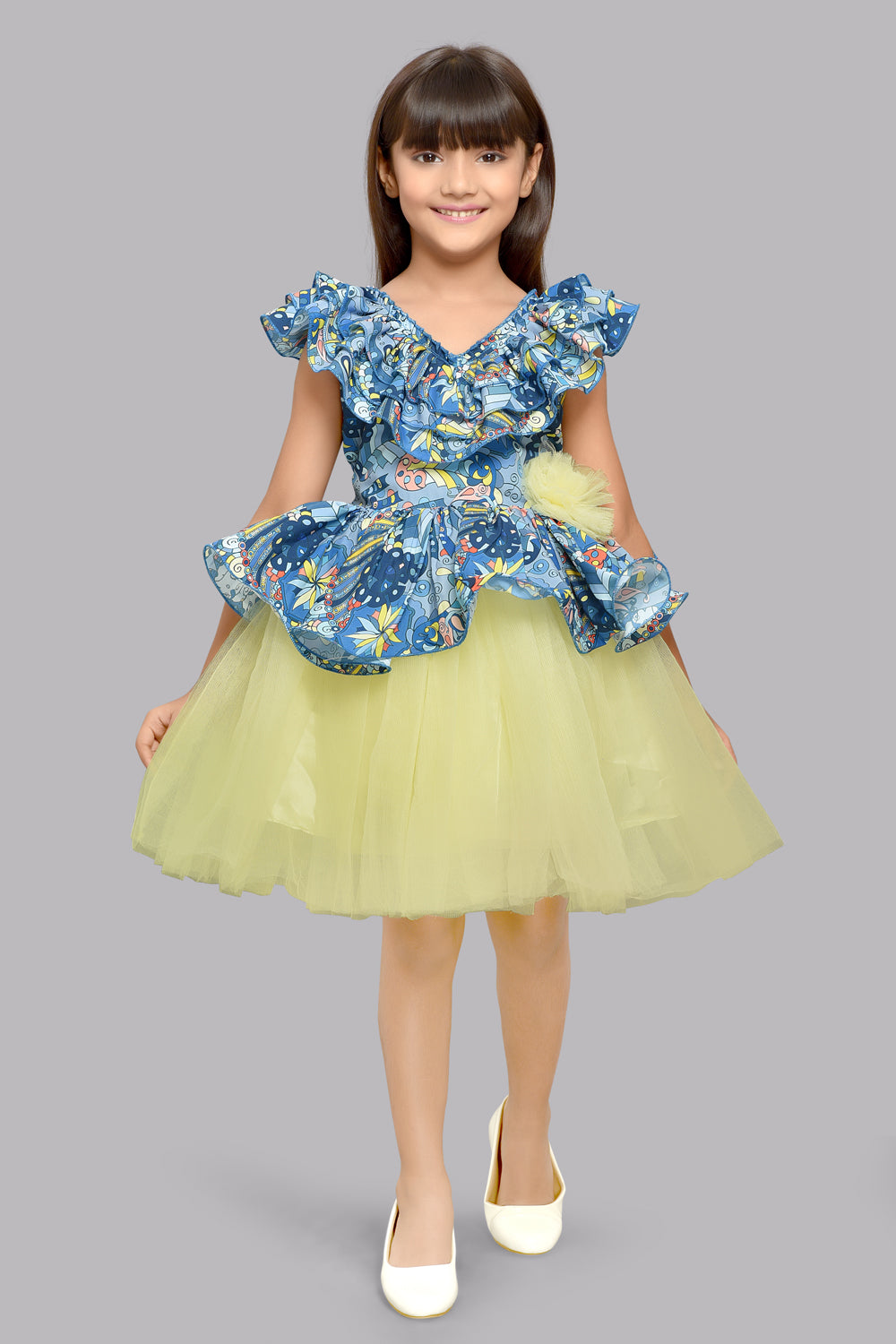 Printed Peplum Dress -Blue & Yellow Pink Chick Printed Peplum Dress -Blue & Yellow Pink Chick
