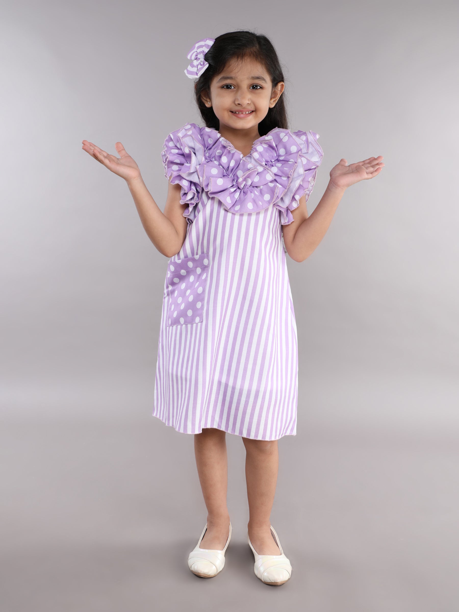 Ruffle Neck A Line Cotton Dress -Lavender