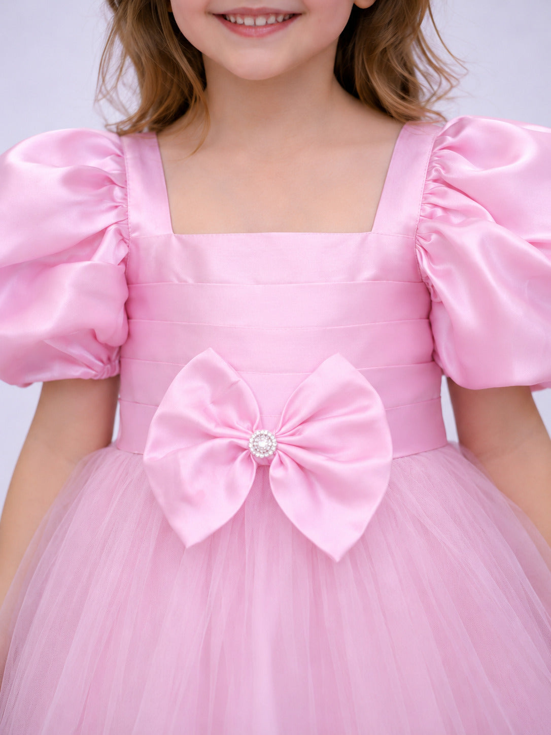Puff Sleeves Smoked Back Dress - Pink