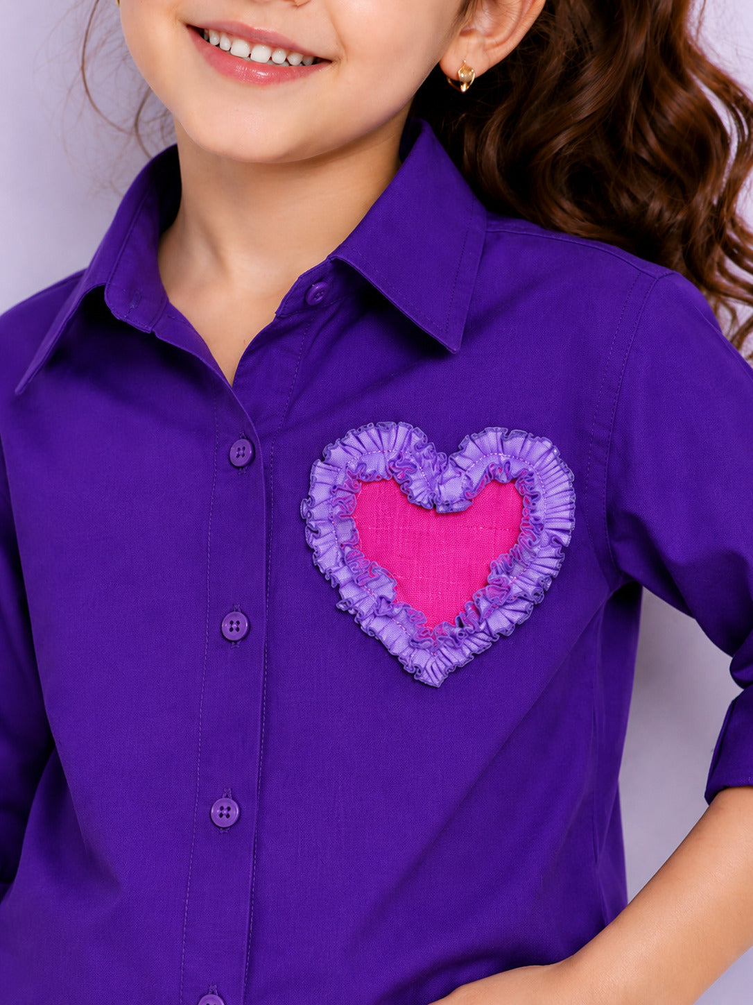 Heart Applique Cotton Shirt-Purple
