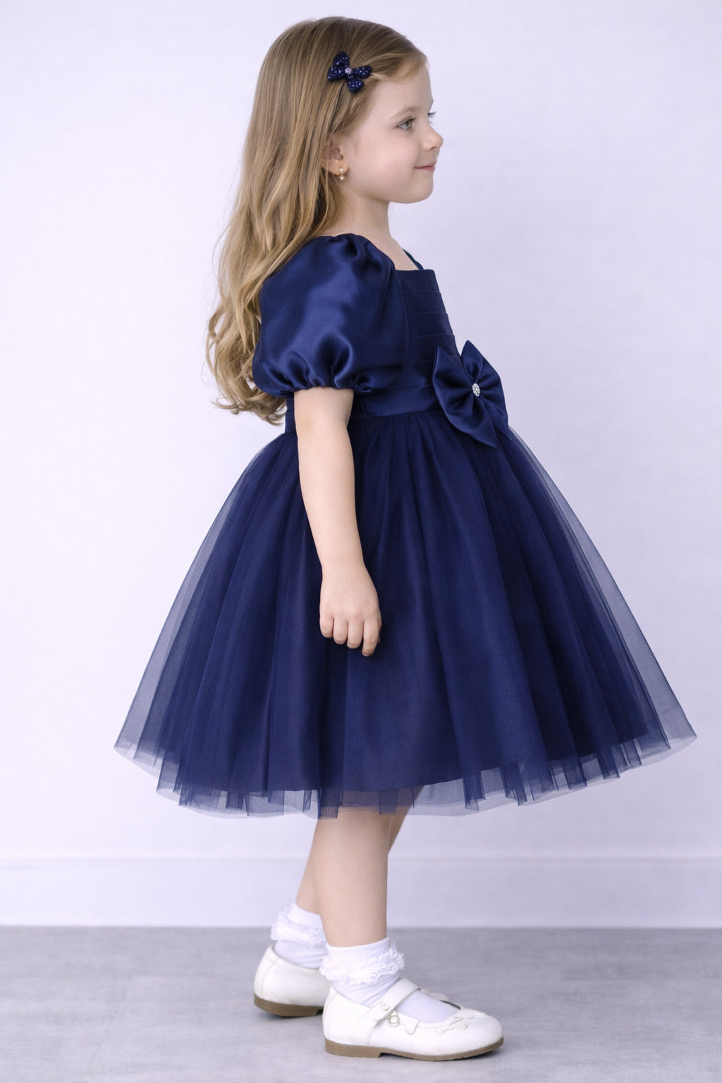 Puff Sleeves Smoked Back Dress - Navy Blue