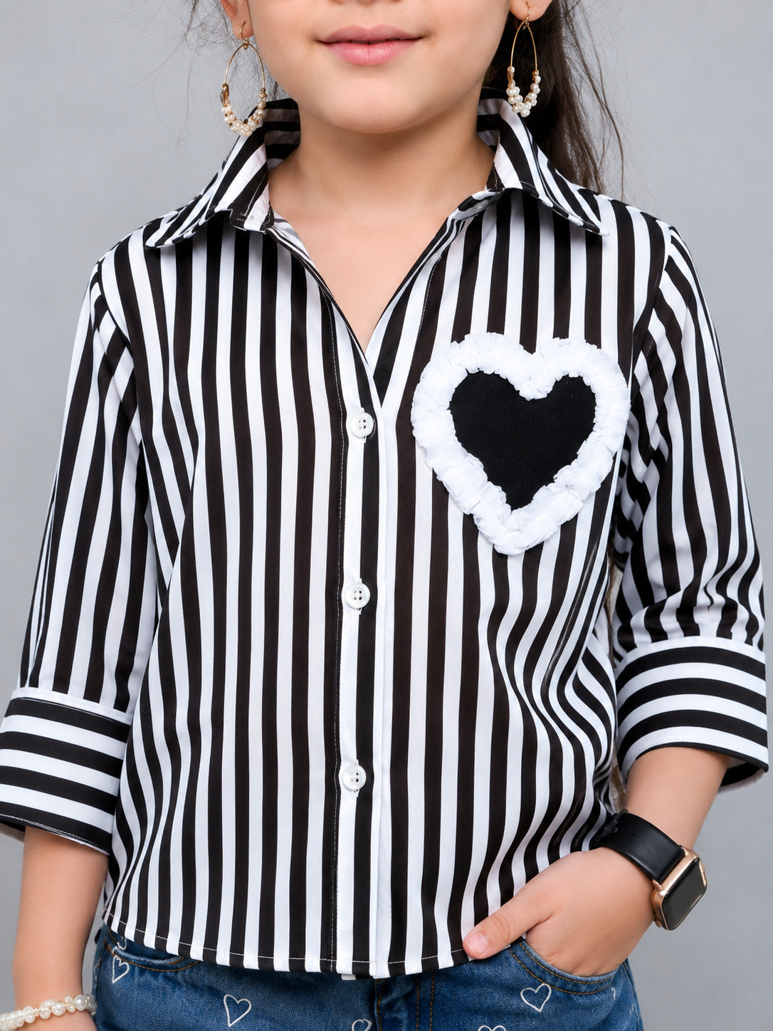 Heart Applique Stripped Cotton Shirt-Black