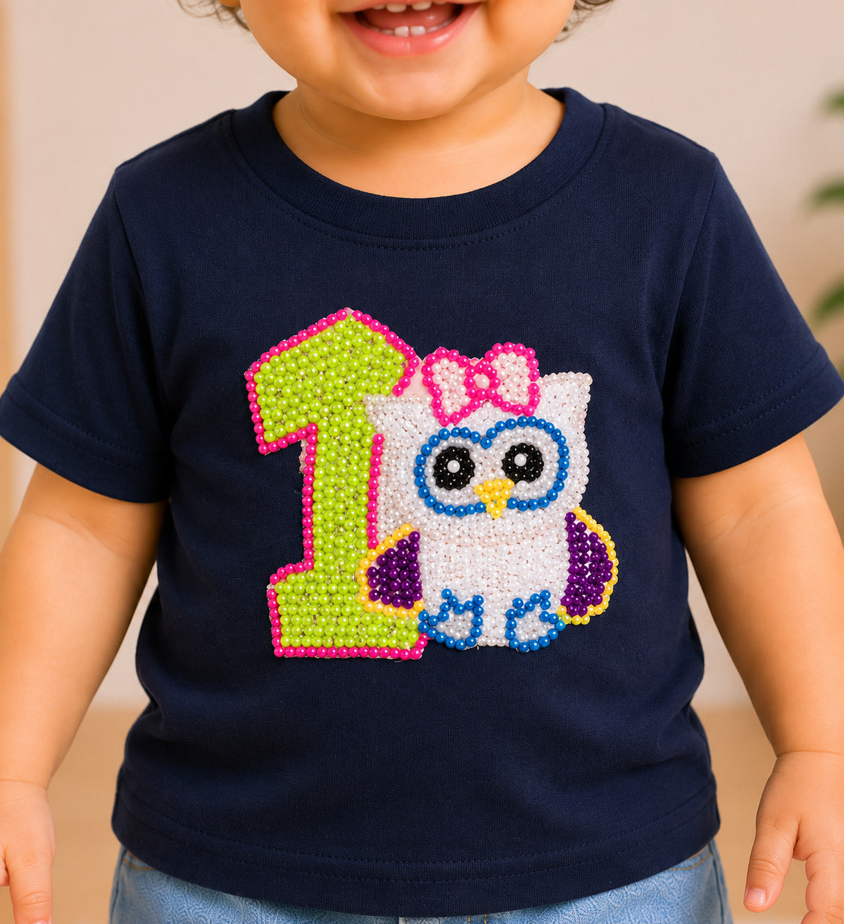 1st Birthday Applique Owl Tee-Navy