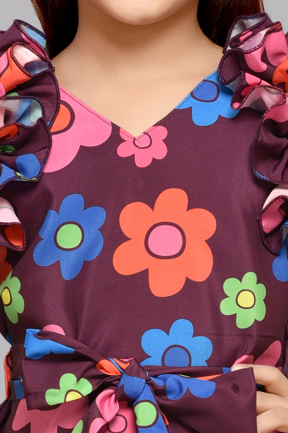 Floral Shift Dress with Ruffle Sleeves -Burgundy