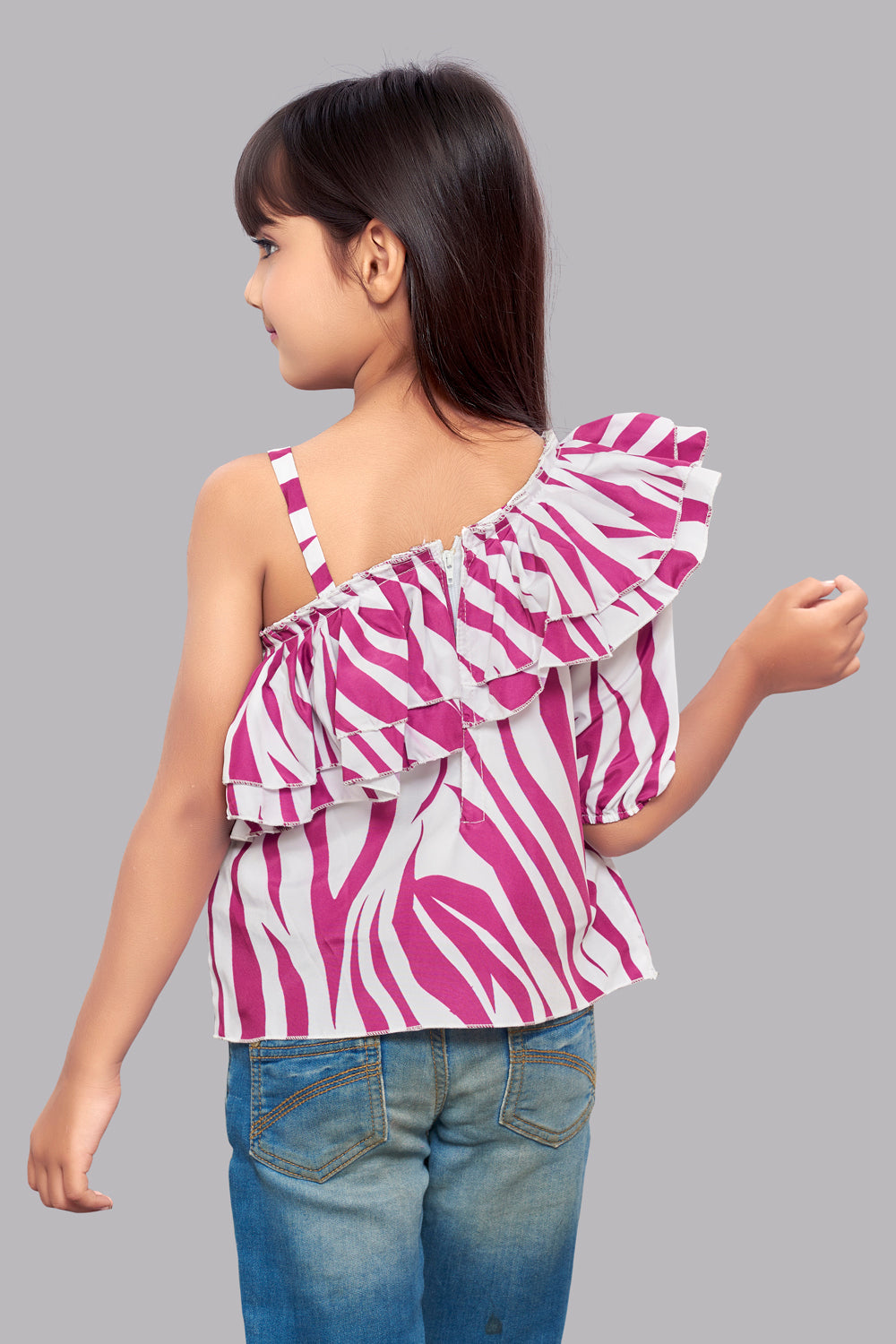 One Shoulder Zebra Print Top with Ruffles- Magenta