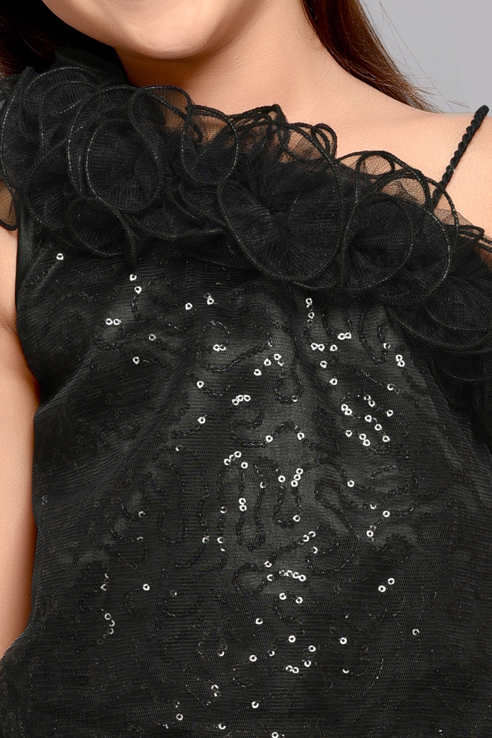 Black One Shoulder Sequins Top