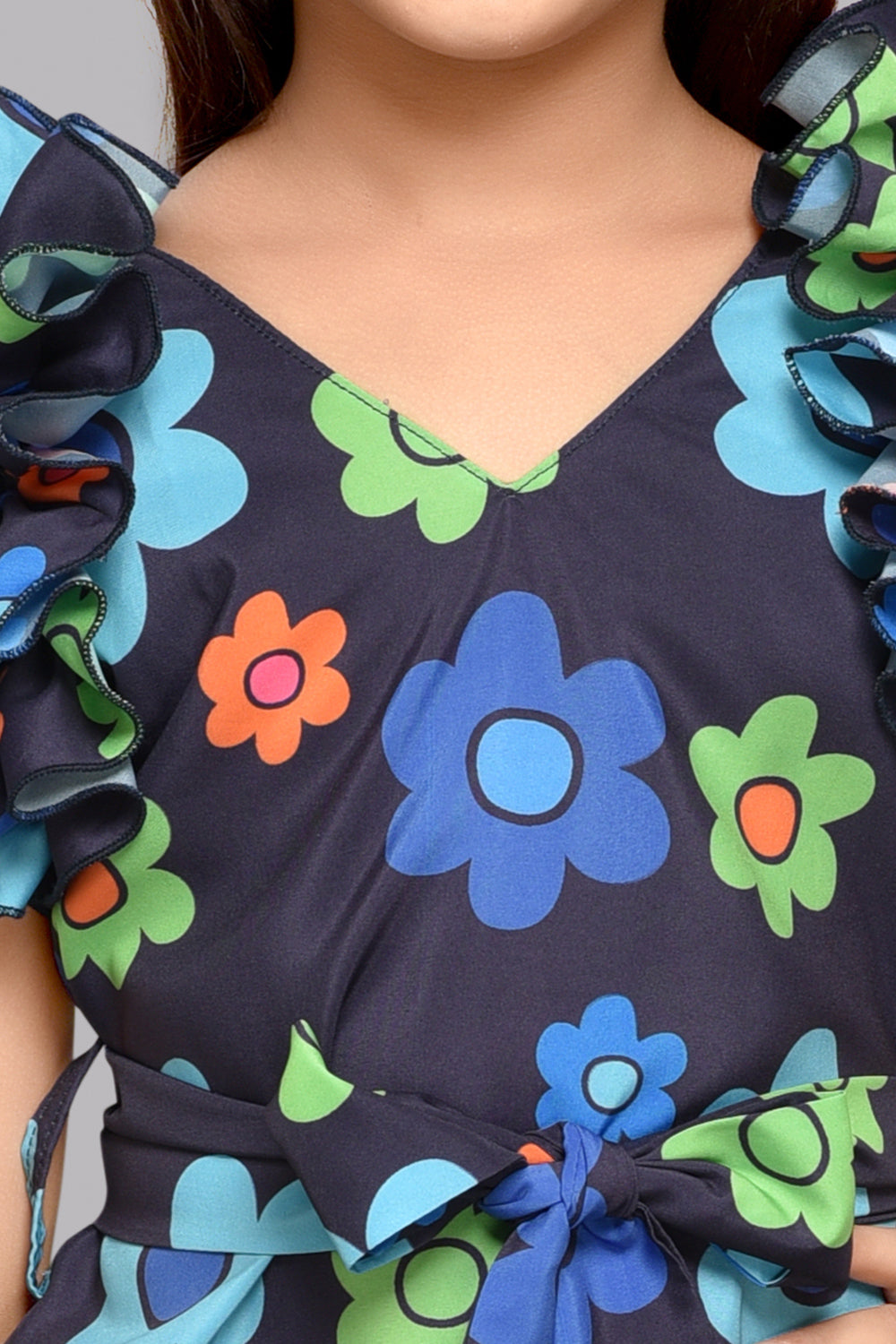 Floral Shift Dress with Ruffle Sleeves -Navy Blue