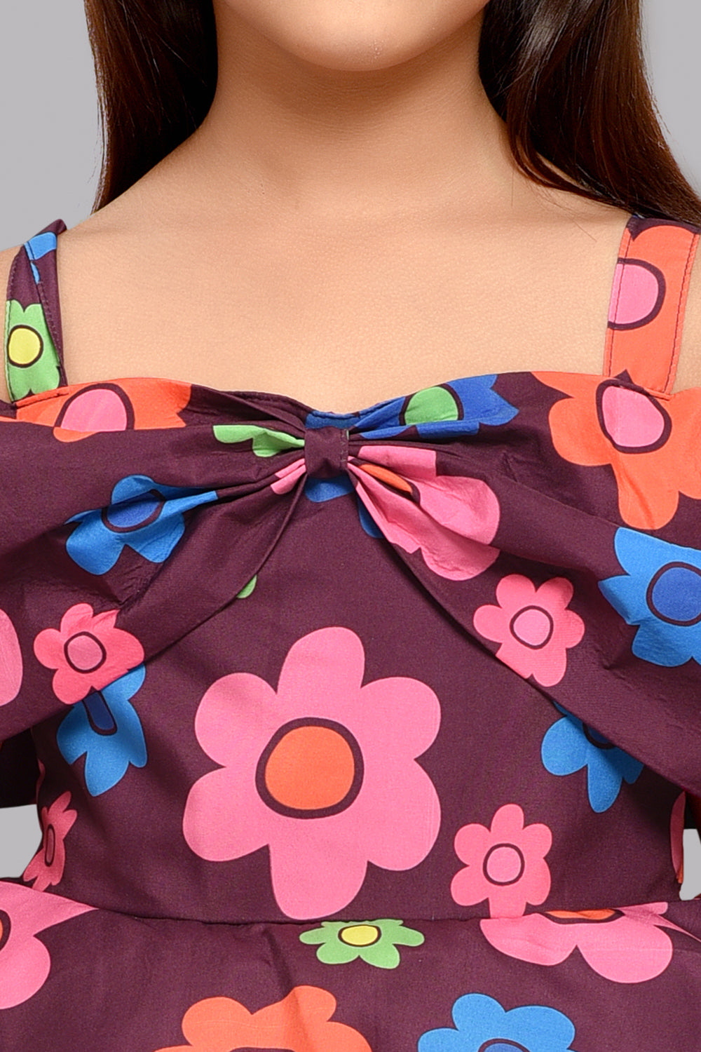 Floral Peplum Bow Dress -Burgundy