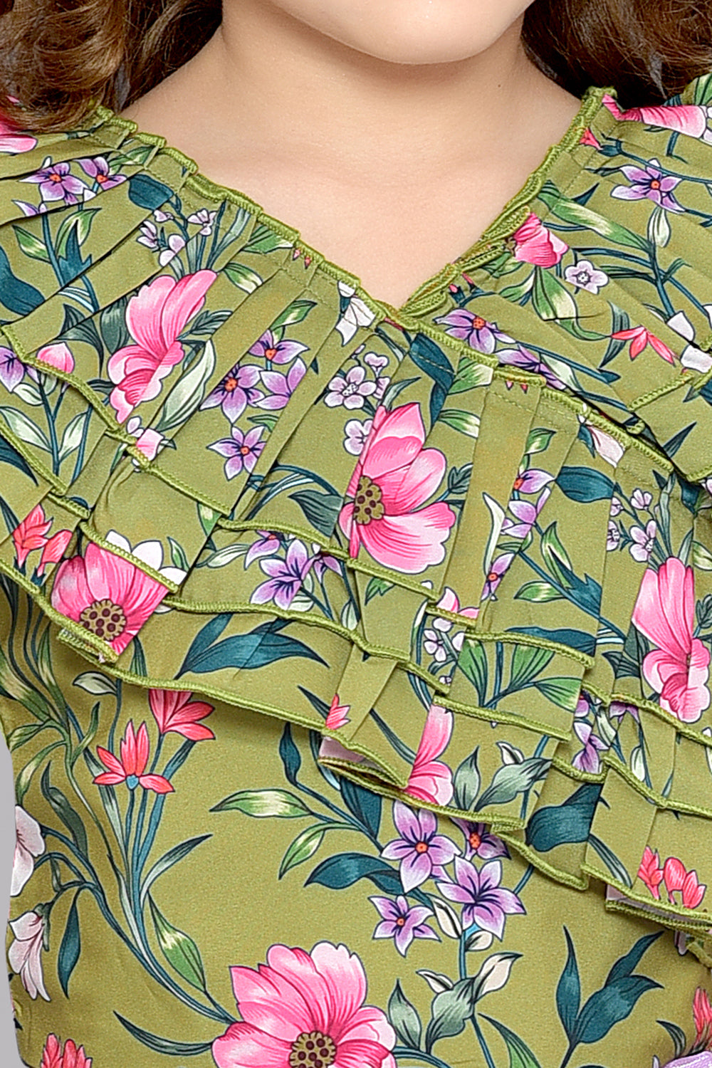 Olive Green Floral Top with Tulle Skirt