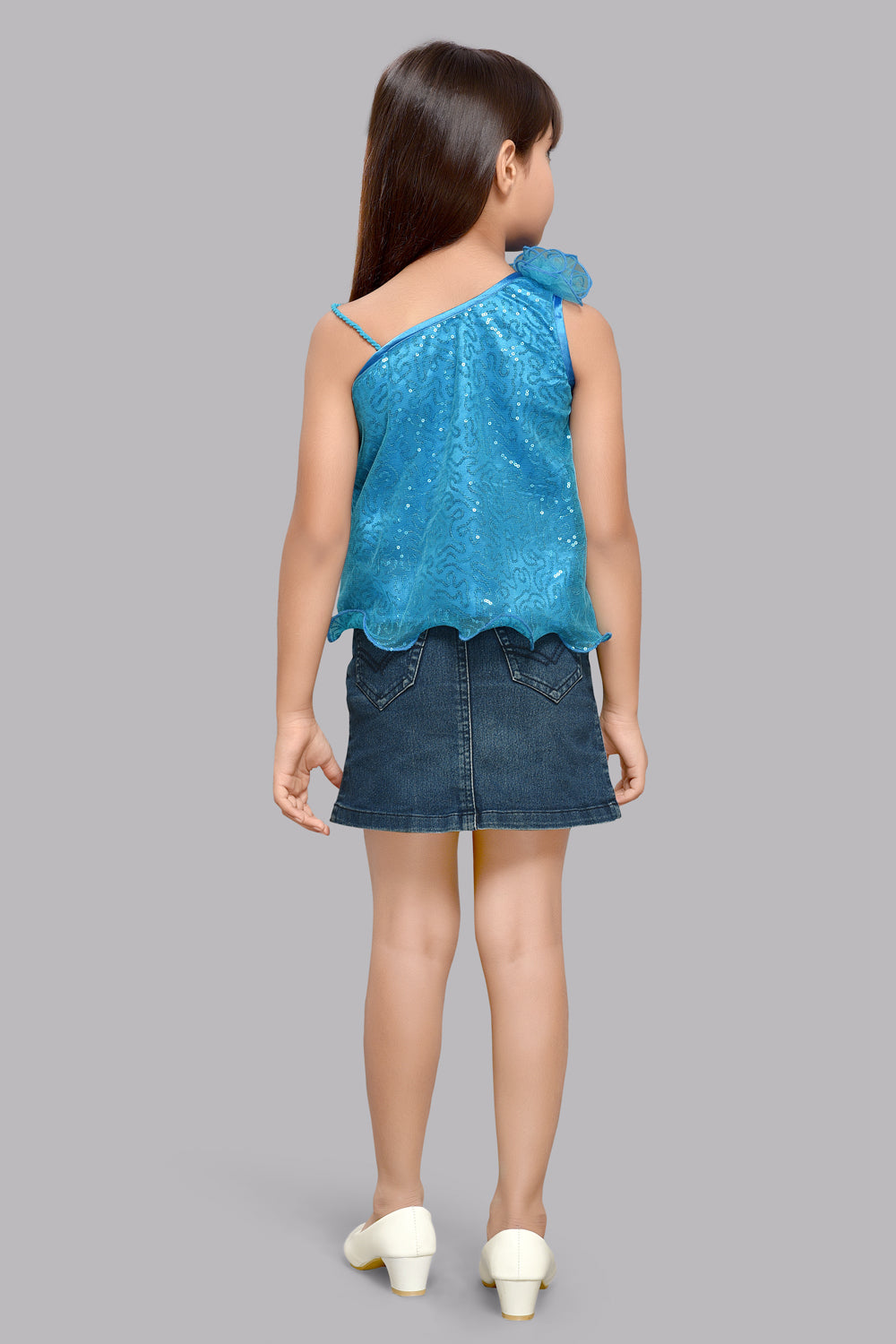 Blue One Shoulder Sequins Top