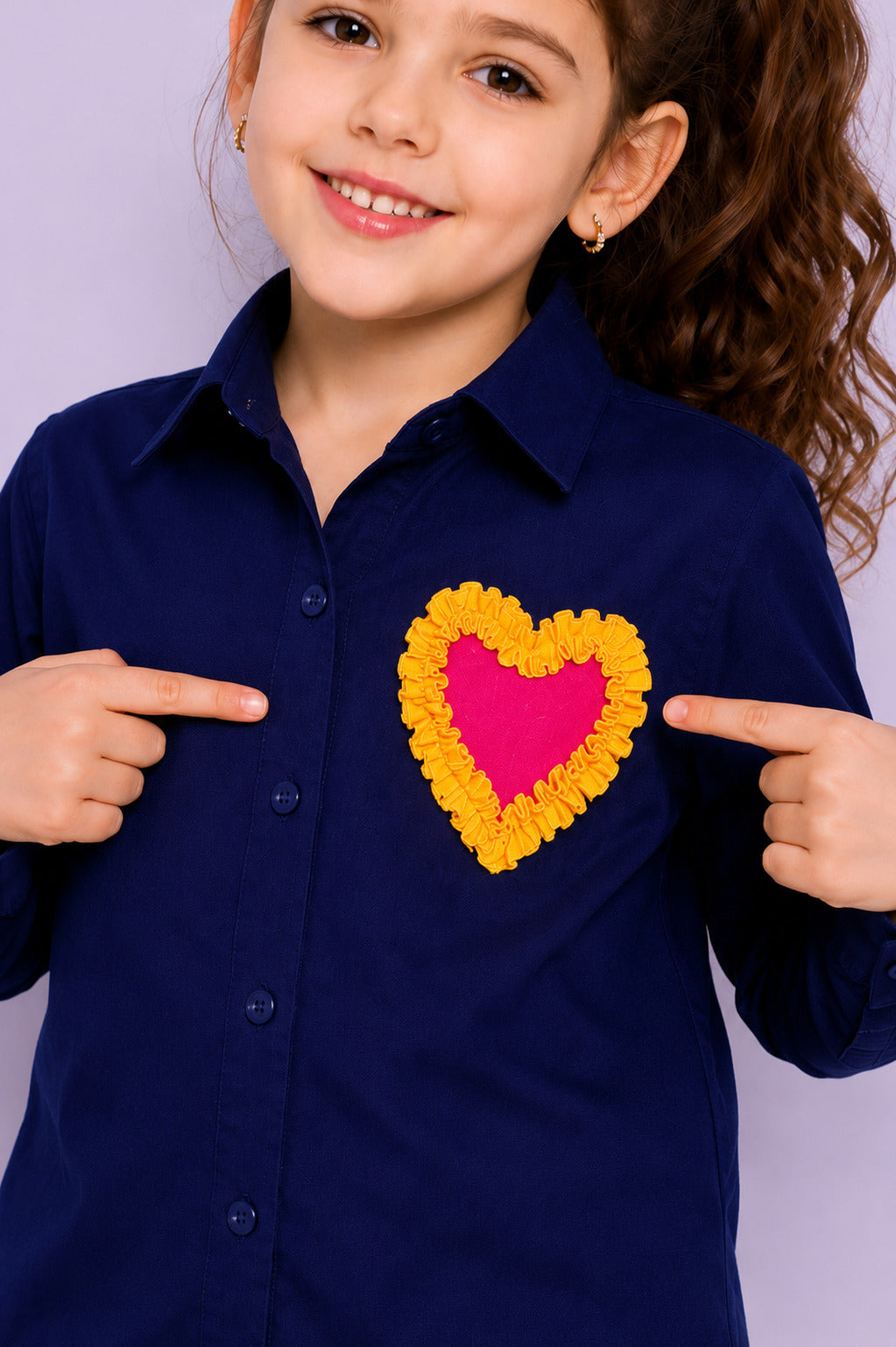 Heart Applique Cotton Shirt-Navy Blue
