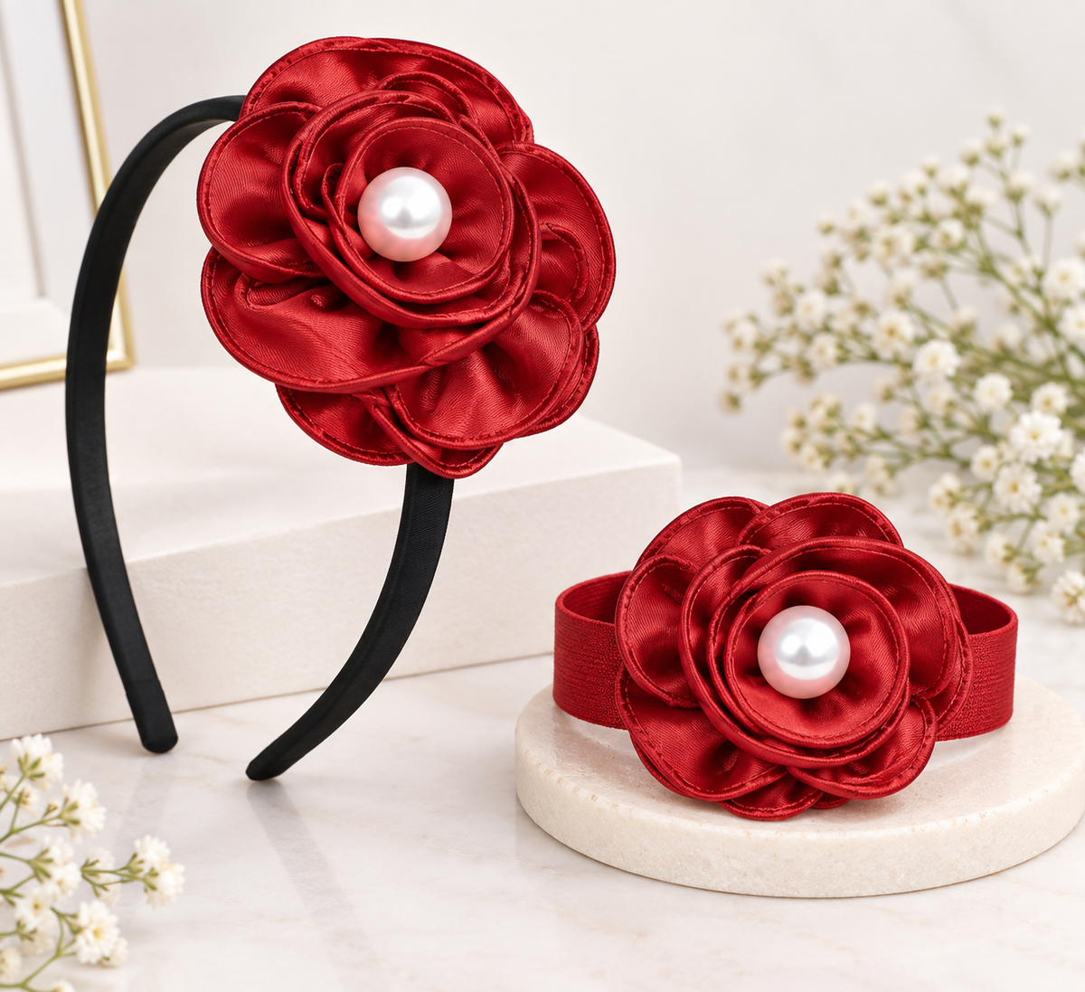 Satin Flower Bracelet & Hairband Set- Red