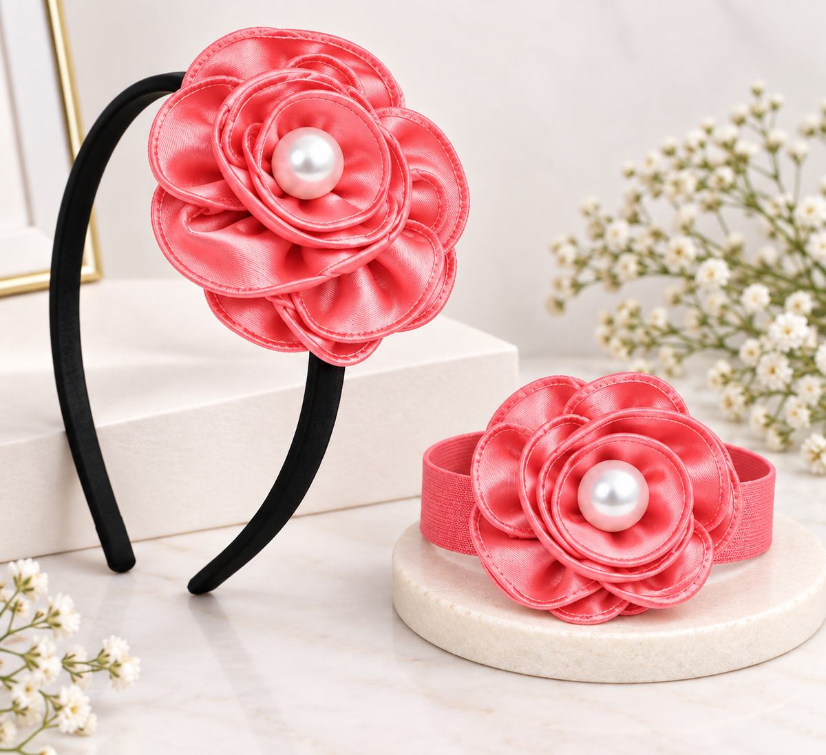 Satin Flower Bracelet & Hairband Set- Coral