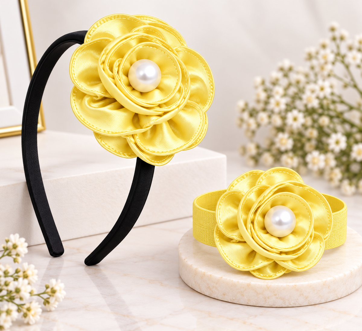 Satin Flower Bracelet & Hairband Set- Yellow