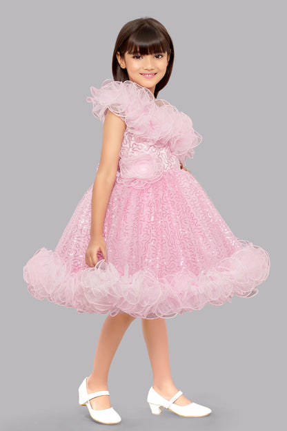 Sequined One shoulder Twirl Dress -Pink