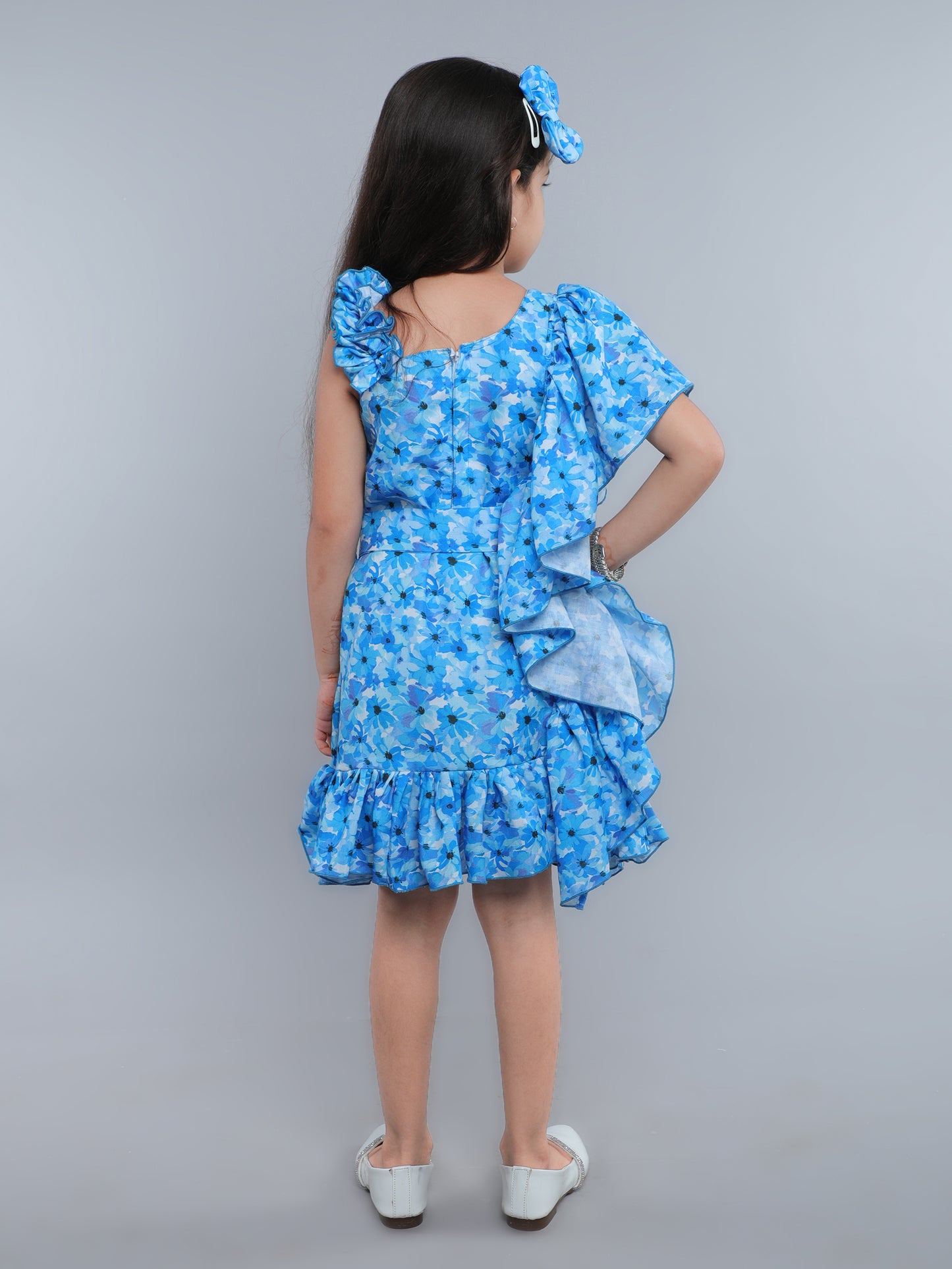 One-Shoulder Blue Floral Ruffle Dress with Matching Hair Bow -Blue
