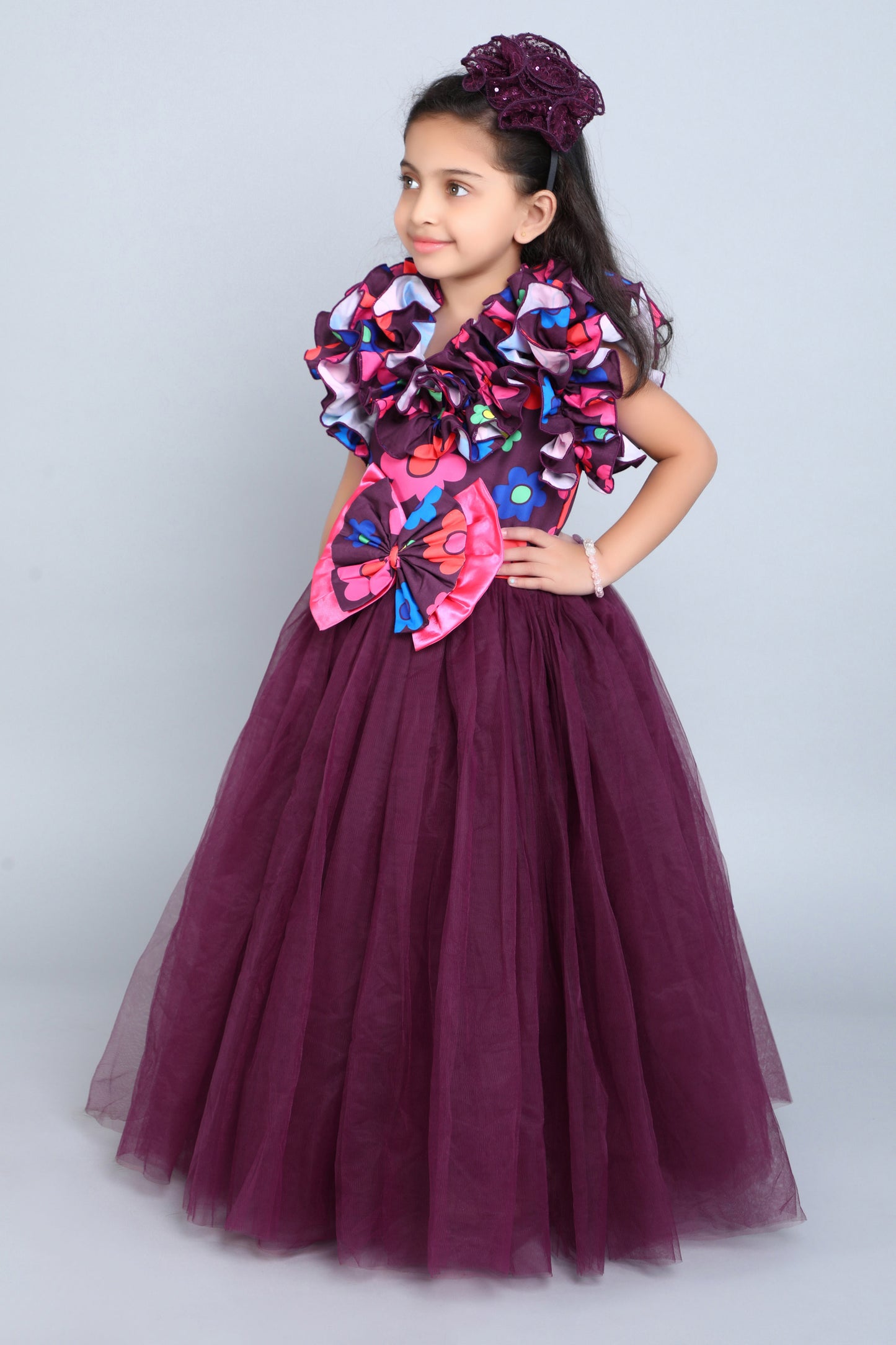 Floral Ruffle and Bow Gown -Burgundy