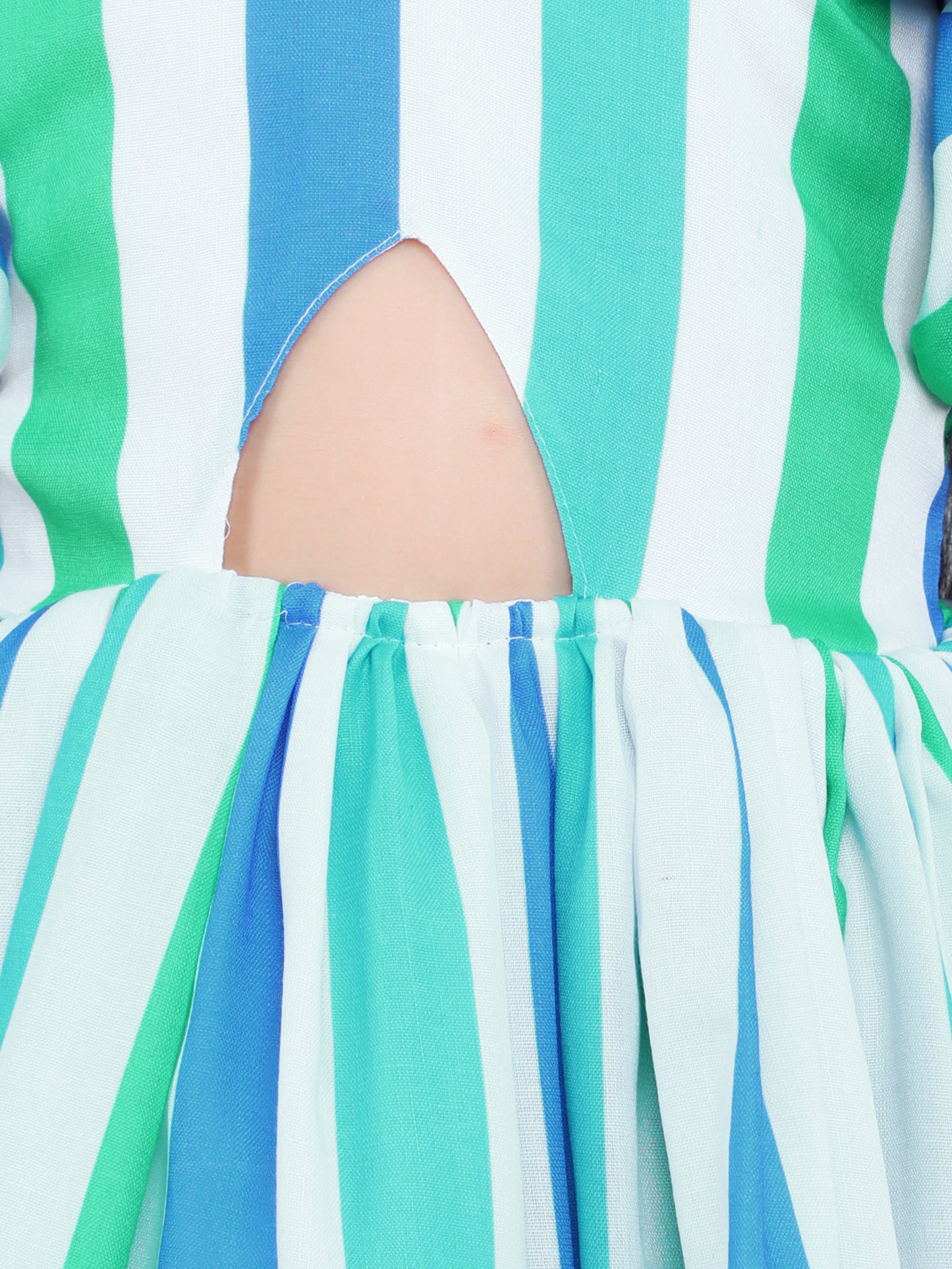 Puff Sleeves Stripes Print Cut Out Dress with Matching Clip-Blue