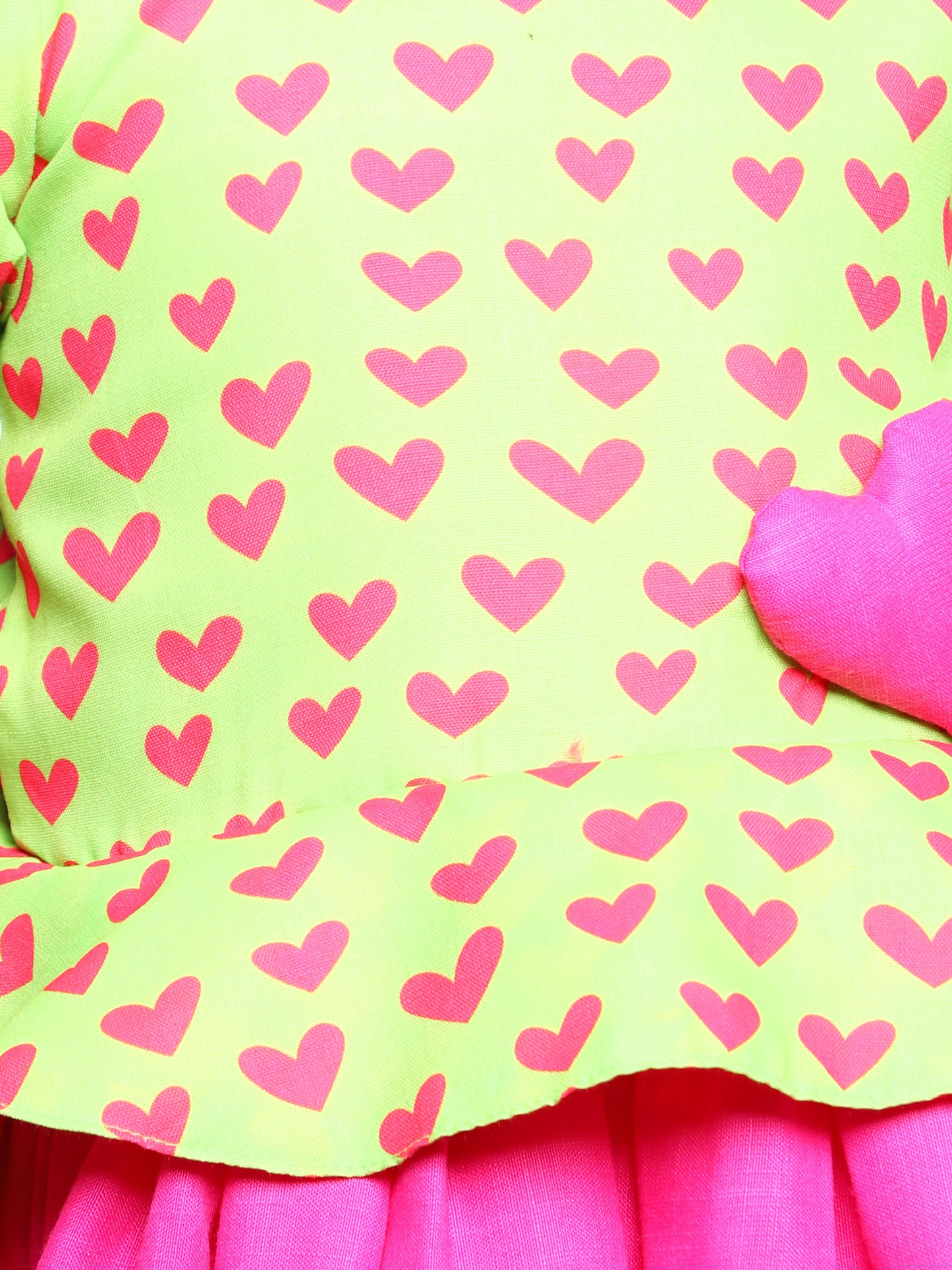 Cotton Heart Peplum Fit & Flare Dress with Matching Clip - Lime & Pink