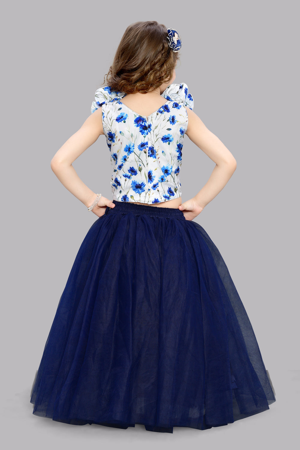 White & Blue Floral Top with Tulle Skirt