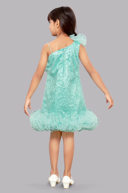 Sequined Aline Ruffled Dress -Aqua
