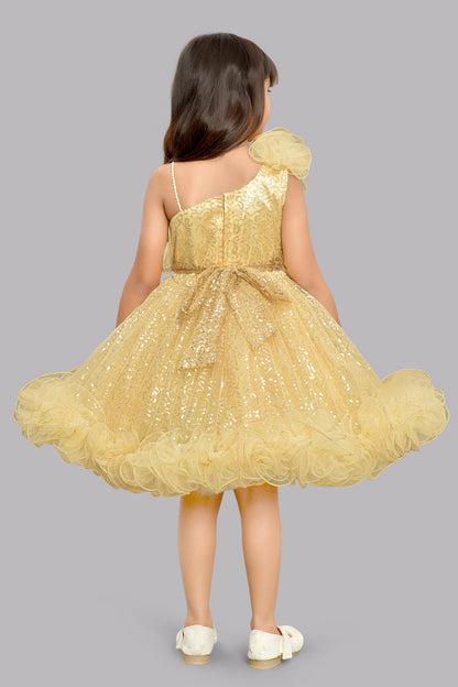 Sequined One shoulder Twirl Dress -Gold