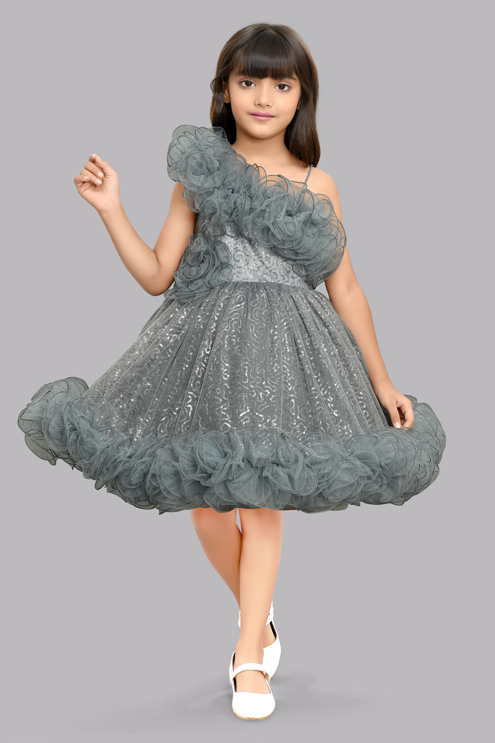 Clothing Grey Colour Frock For Baby Girl Sequined One Shoulder