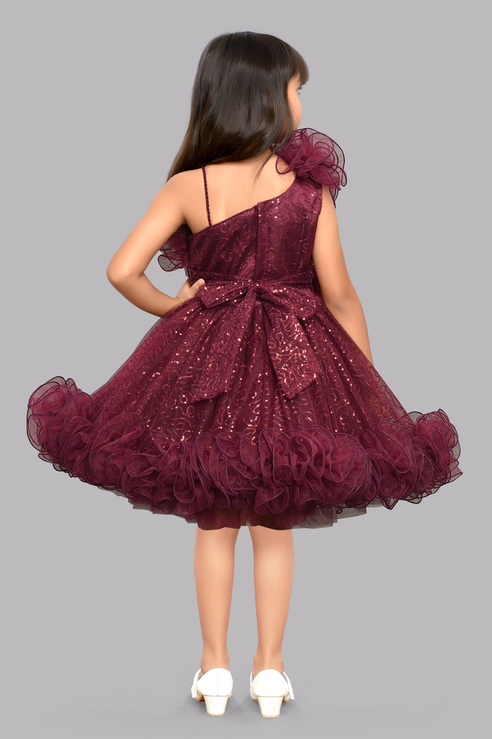 Sequined One shoulder Twirl Dress -Burgundy