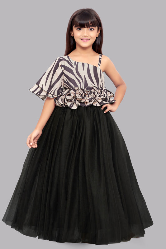 Zebra Ruffled Waist Gown -Beige & Black