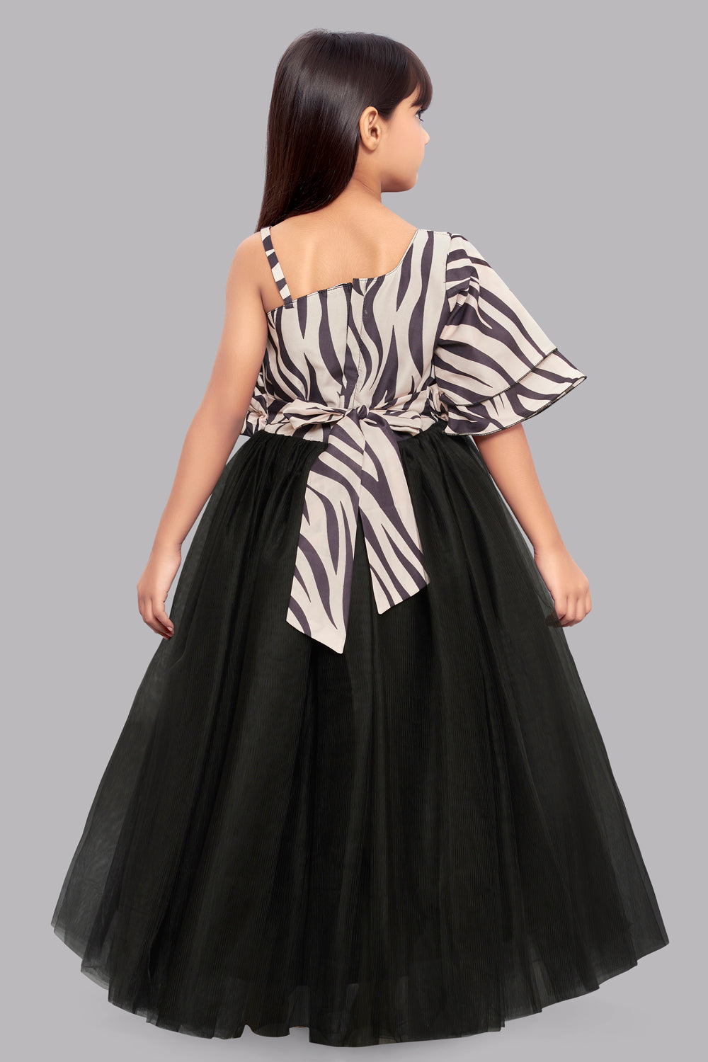 Zebra Ruffled Waist Gown -Beige & Black