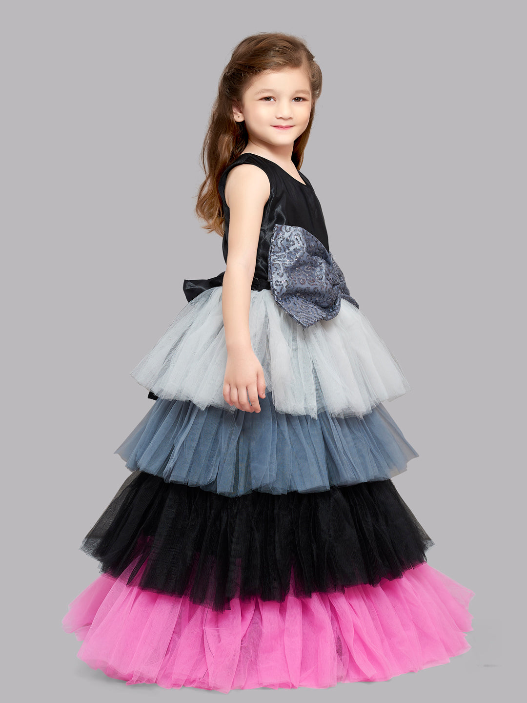 Pink Chick Black Multicolor Layered Gown