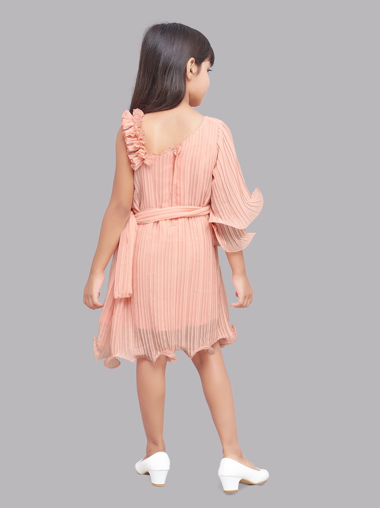 Pink Chick Accordion Pleated One Shoulder Dress -Peach