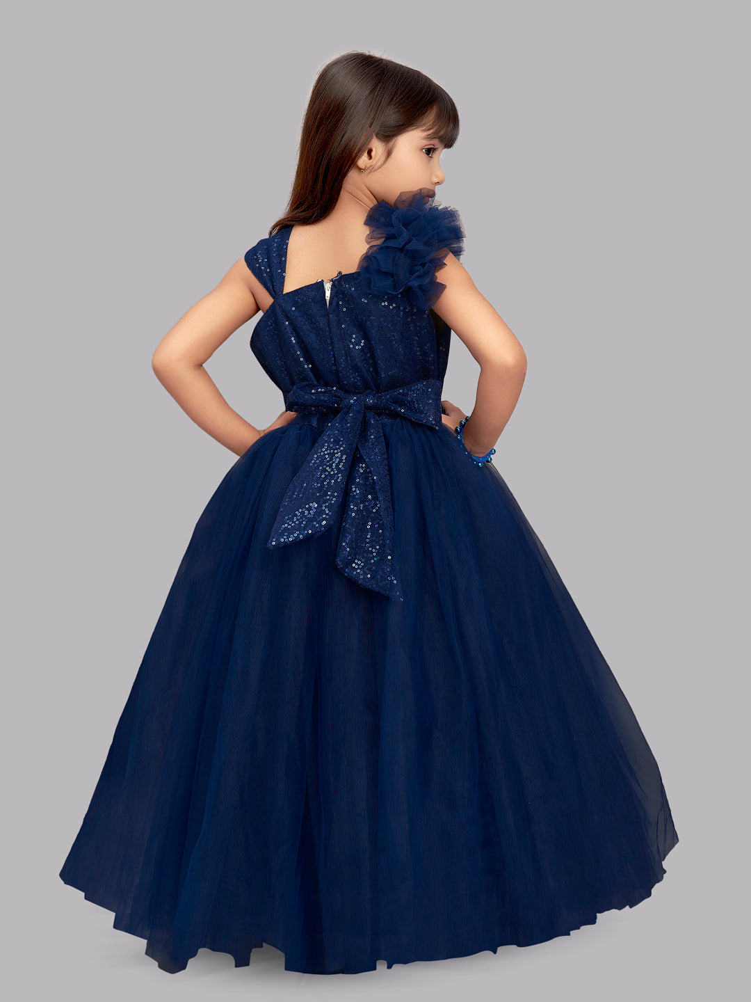 Navy Blue Ruffled Sequins Bodice Gown
