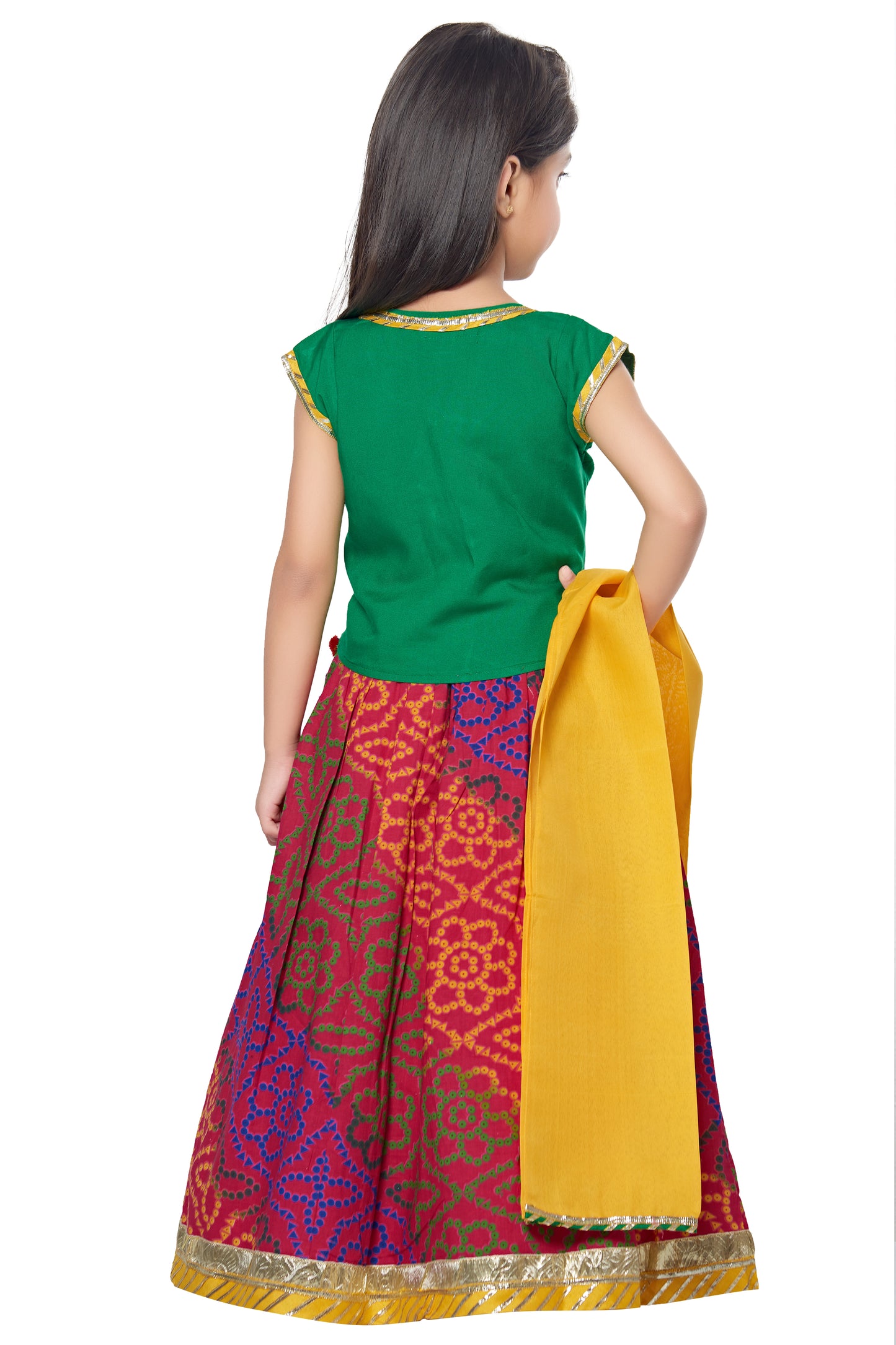 Cotton Lehenga --- Bhandej Pink & Green