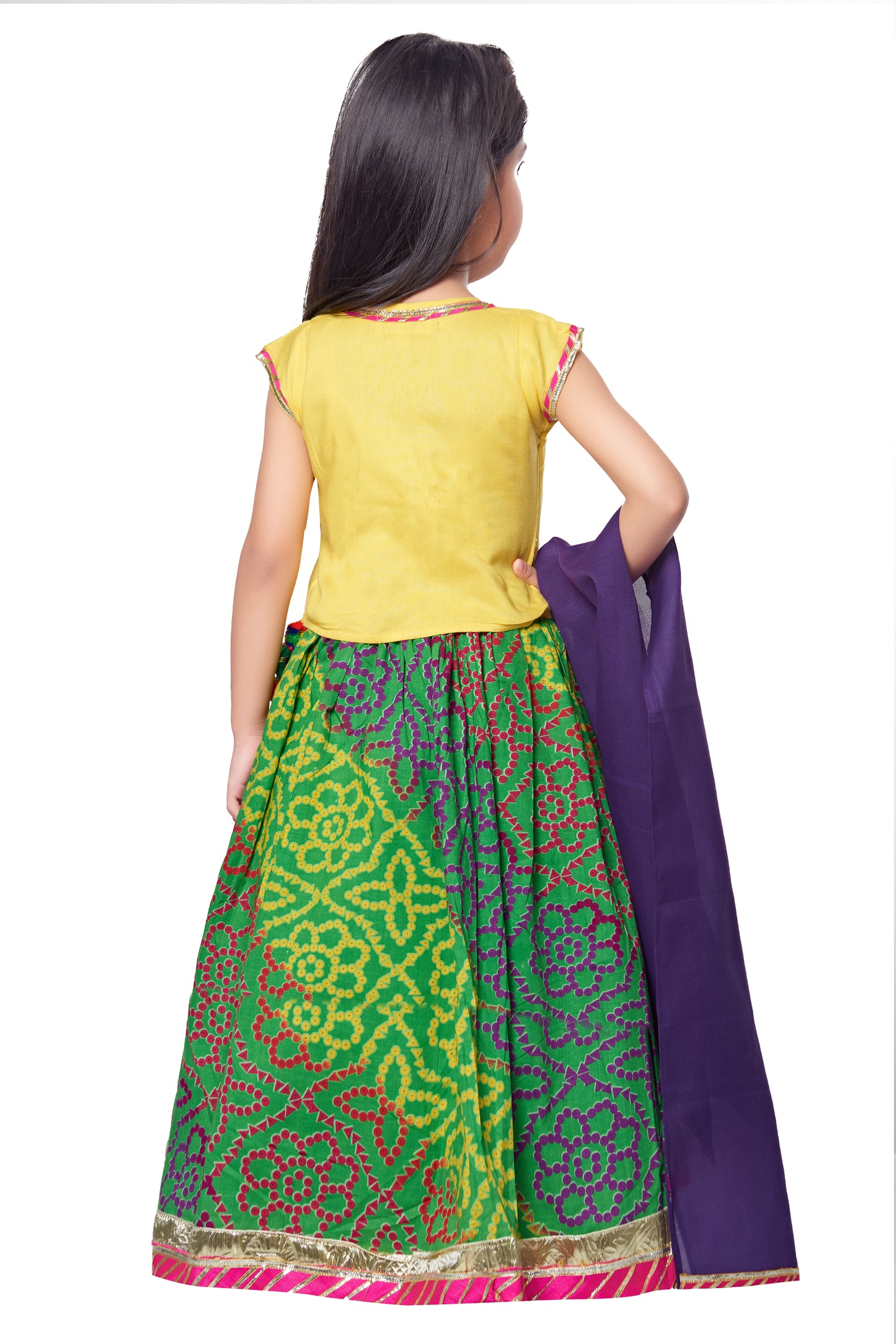 Cotton Lehenga --- Bhandej Yellow and Green