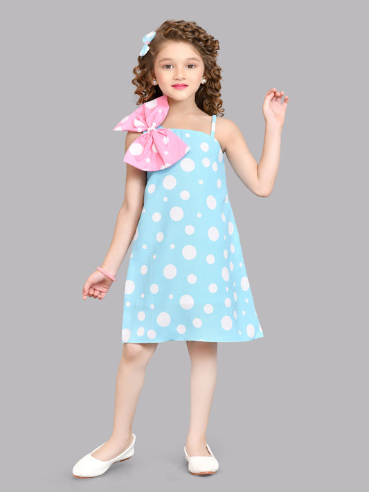 Polkadot  One Shoulder Bow Detail Cotton A-Line Dress -Blue