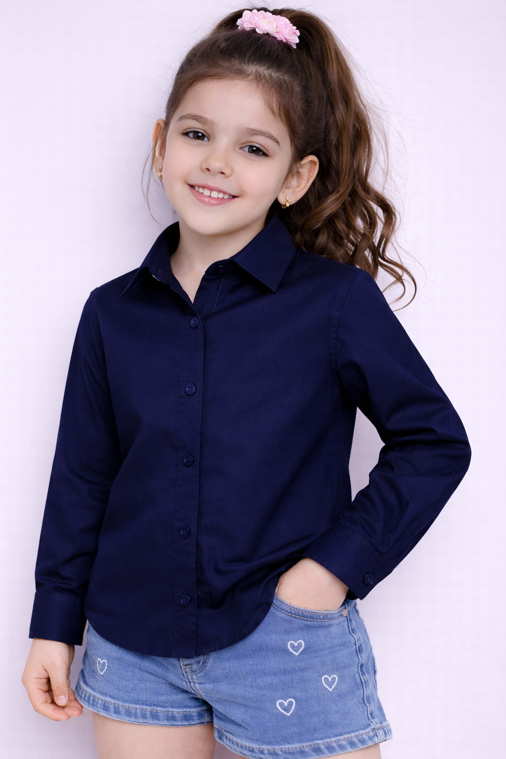 Collared Button-Up Shirt -Navy Blue