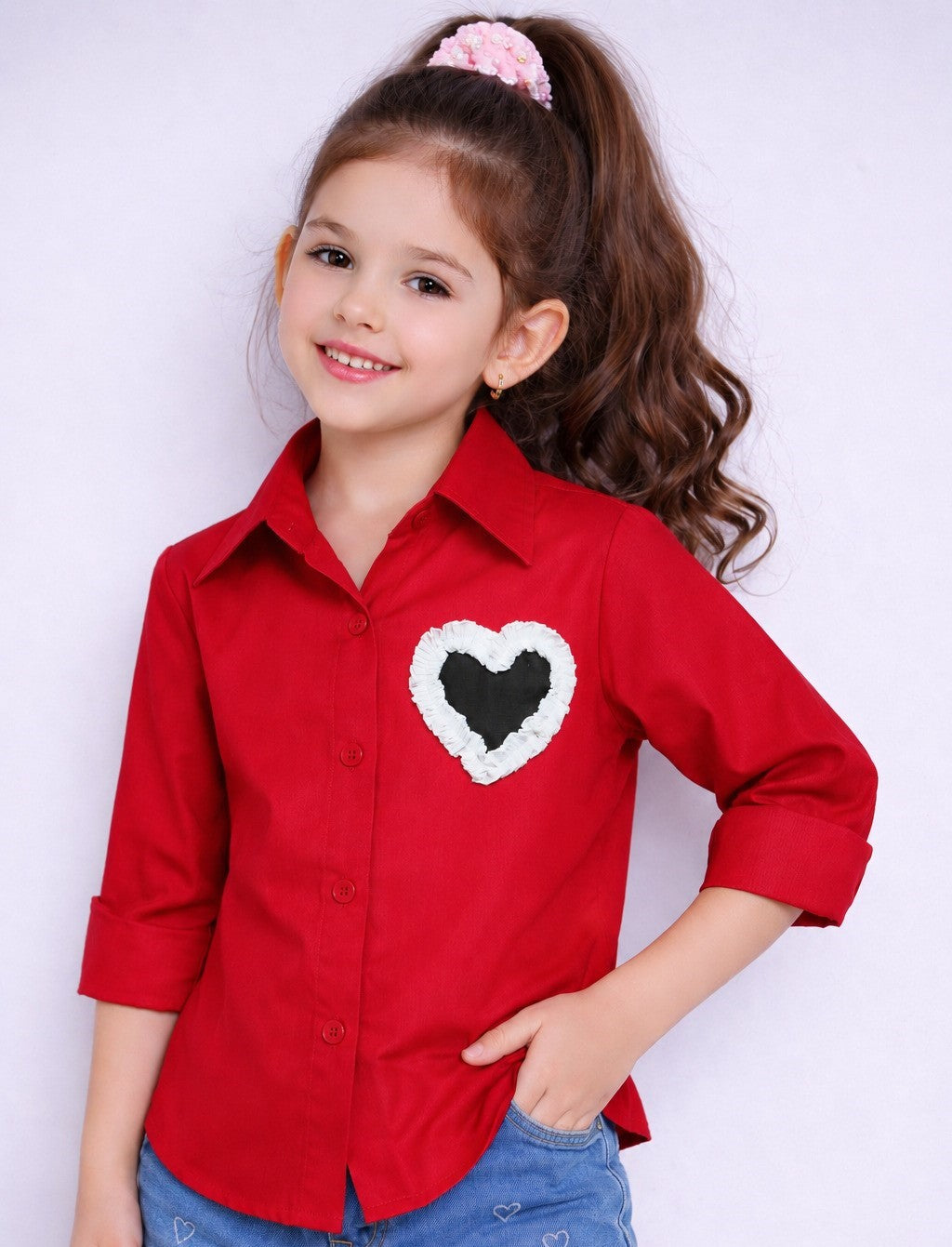 Heart Applique Cotton  Shirt-Red