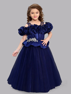 PinkChick Off Shoulder Ruffle Gown - Navy Blue