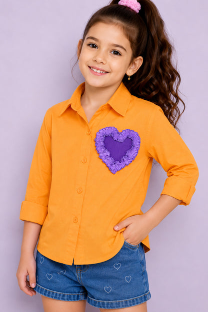 Heart Applique Cotton  Shirt-Yellow