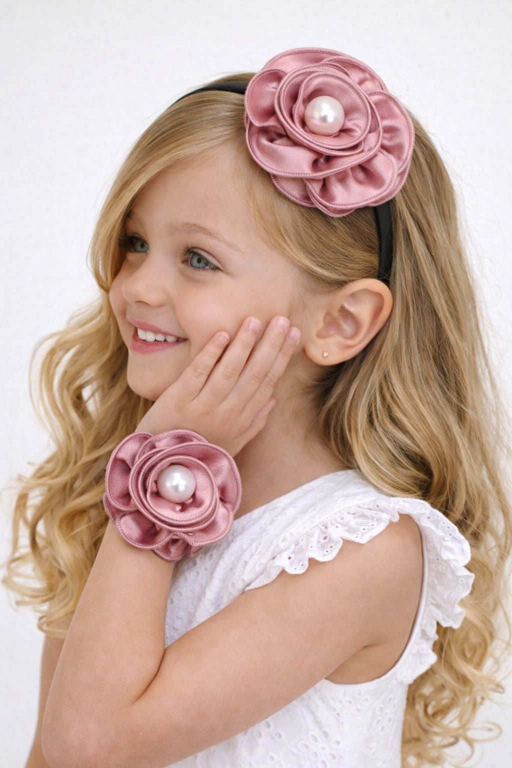 Satin Flower Bracelet & Hairband Set-Rose Gold