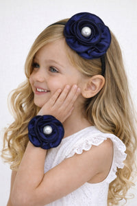 Satin Flower Bracelet & Hairband Set- Navy Blue