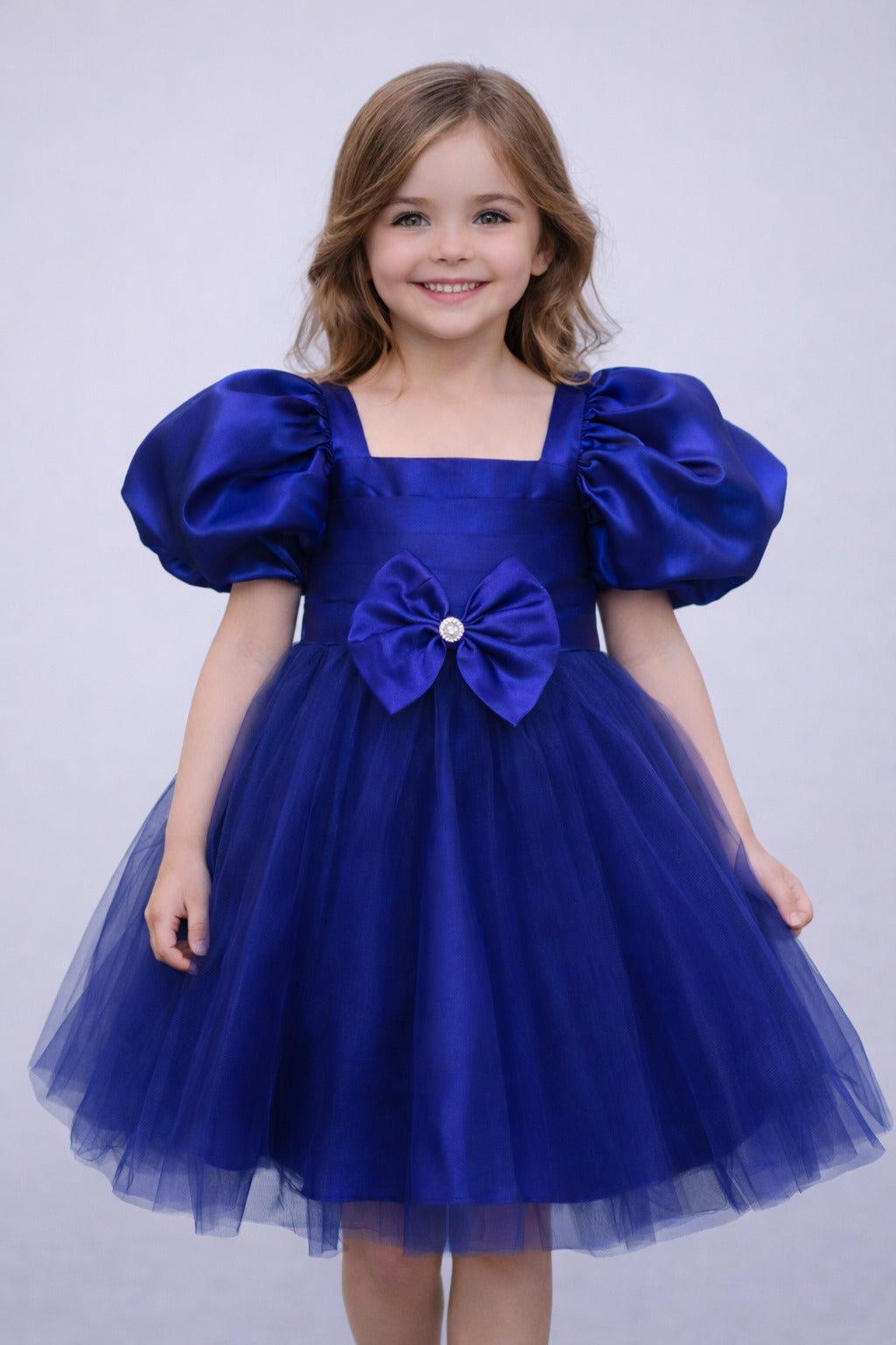 Puff Sleeves Smoked Back Dress - Blue