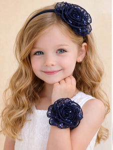 Sequins Flower Bracelet & Hairband Set-Navy Blue