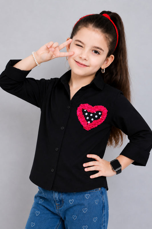 Heart Applique Cotton  Shirt -Black