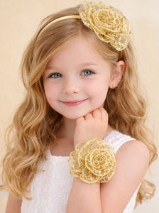 Sequins Flower Bracelet & Hairband Set-Gold