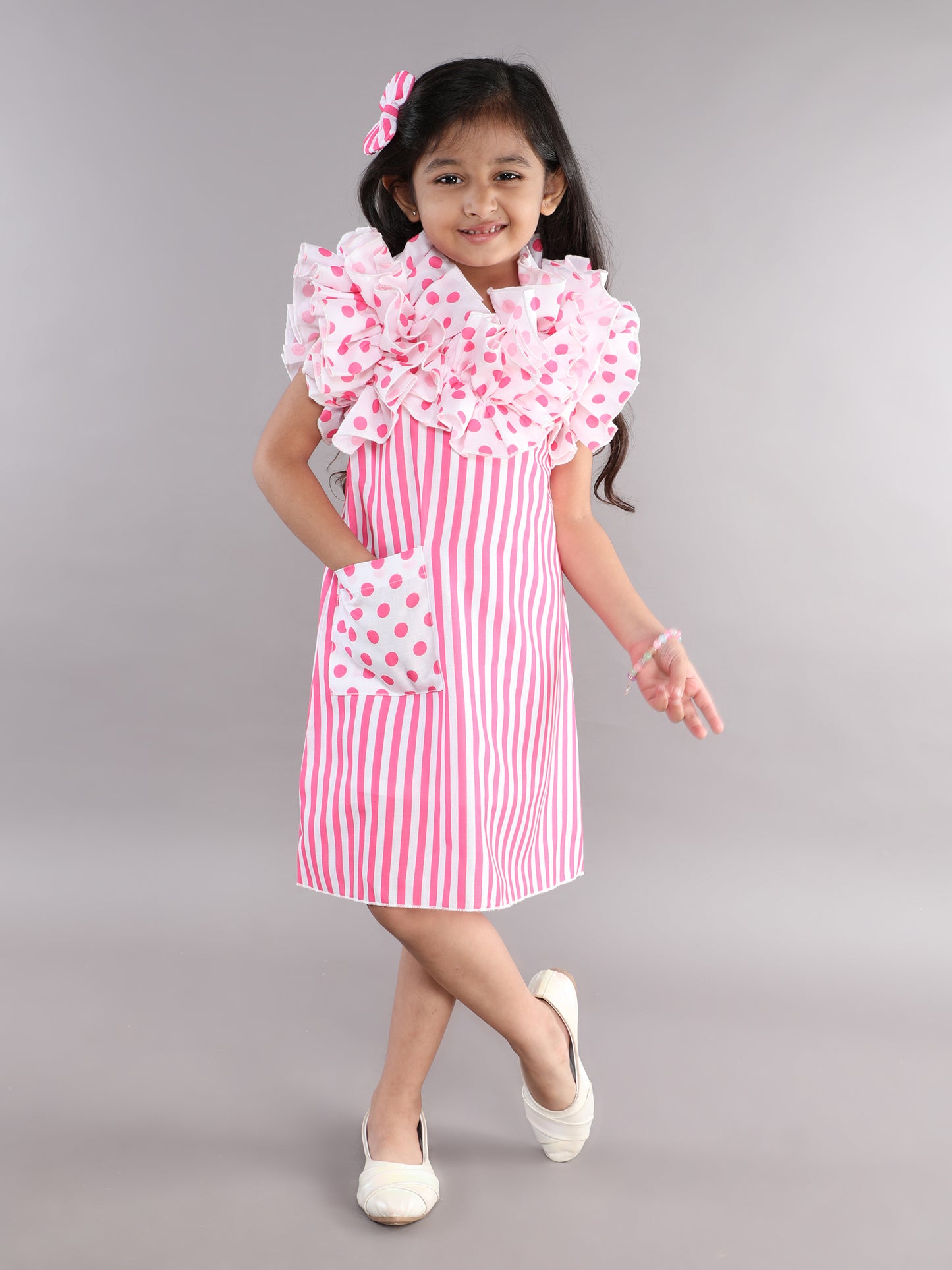 Ruffle Neck A Line  Cotton Dress -Pink