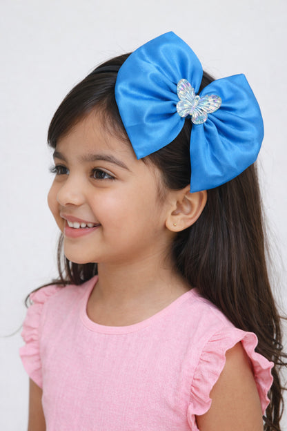 Satin Bow Hairband with Butterfly -Blue