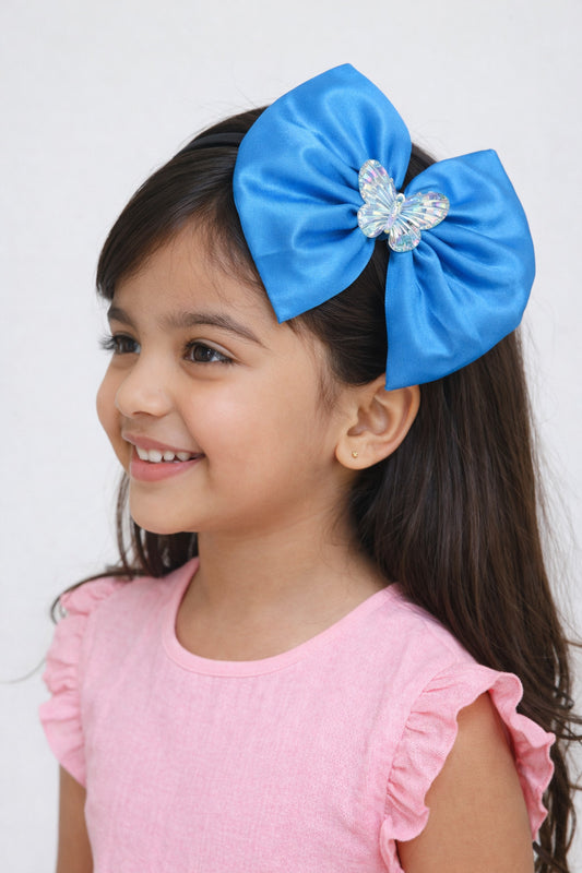 Satin Bow Hairband with Butterfly -Blue
